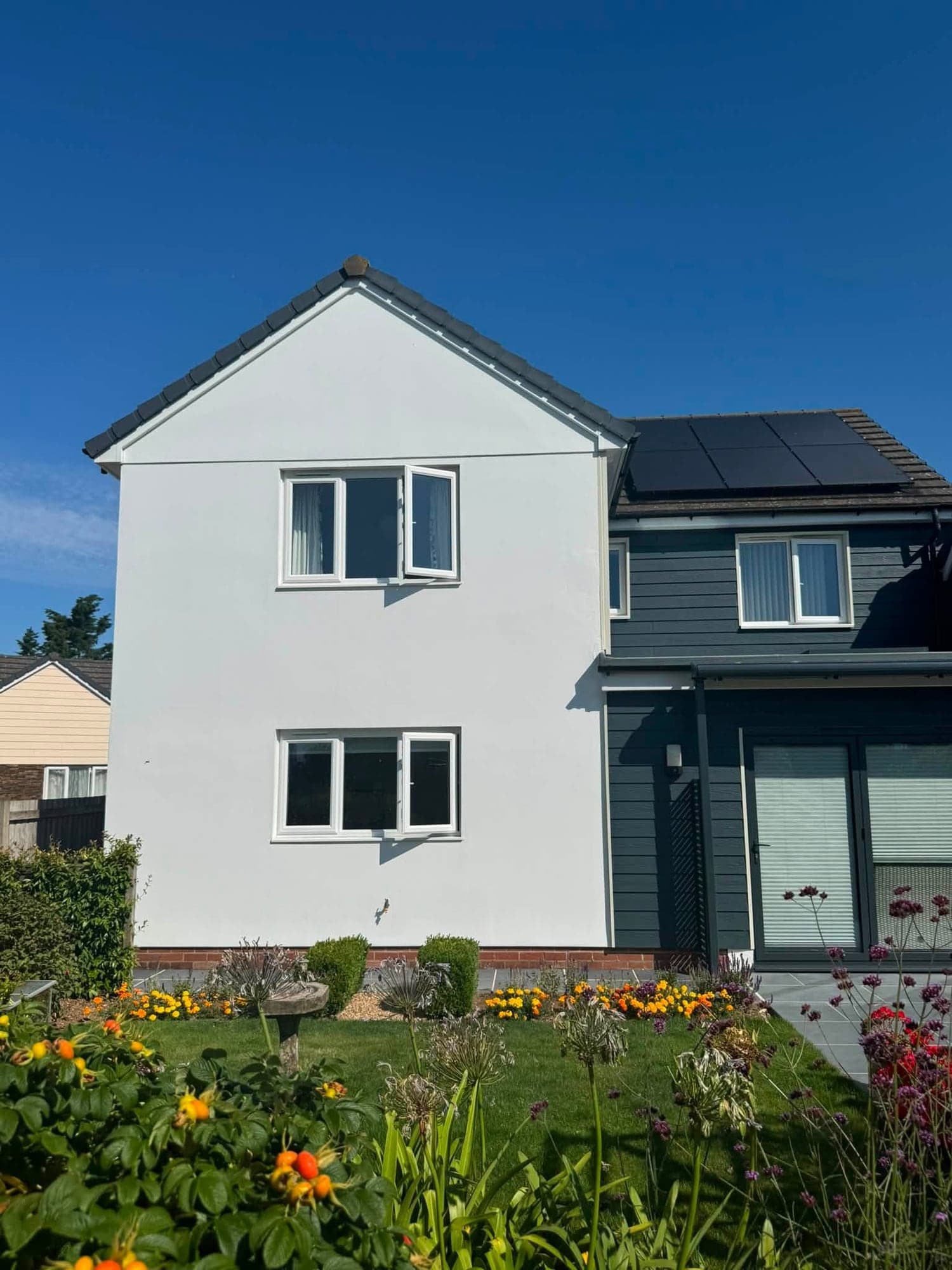 White rendered gable and navy clad extension with solar panels, seen across a garden of orange and purple flowers